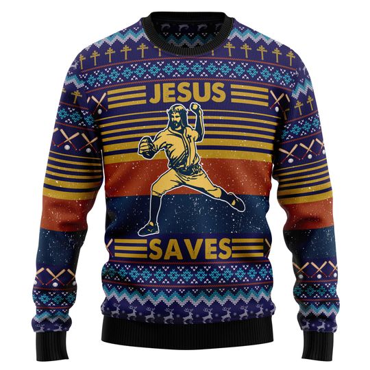Jesus Saves Christmas Sweater, Funny Christian Baseball Pullover