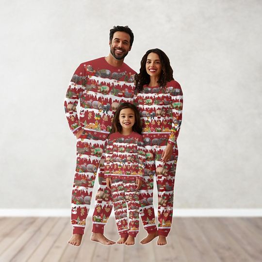 Hippo Matching Family Pajamas Set, Hippo Santa Hat Xmas Pajamas, Hippo Christmas Pajamas, Animal Lover Holiday Pajamas, Xmas Gifts