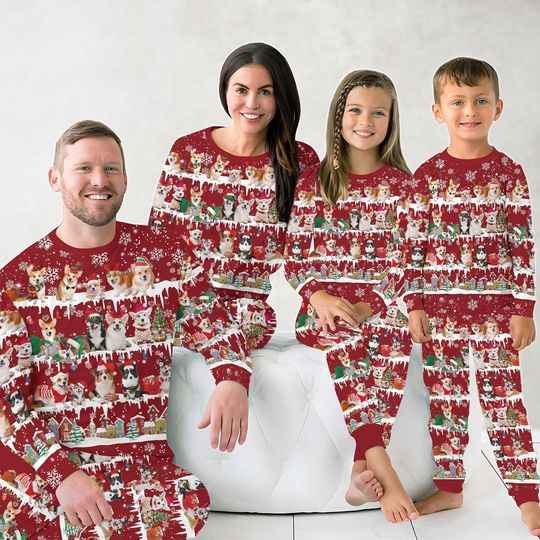 Christmas Corgi Dog Family Matching Pajamas Set, Dog Lover Christmas Pajamas, Pet Holiday Pajamas, Dog Owner Xmas Pajamas For Party