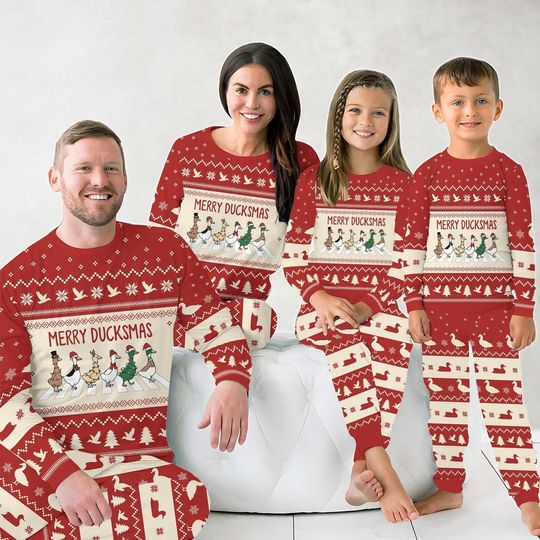 Discover Duck Christmas Lights Family Pajamas Set, Merry Duckmas Matching Pajamas, Funny Farm Holiday Pajamas, Santa Duck Shirt, Set Of Pajamas