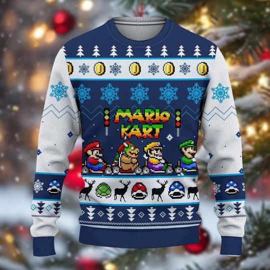Discover Christmas Mario Kart Ugly Sweater, Super Mario Bros Sweater, Funny Christmas Game Shirt, fun Mario Characters Sweater, Christmas Gifts