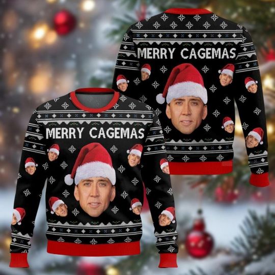 Nicolas Cage Christmas Ugly Sweater, Merry Cagemas Xmas Sweater, Funny Santa Memes Sweatshirt For Men, Winter Crewneck, Holiday Gifts