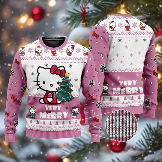 Hello Kitty Cat Christmas Ugly Sweater, Fun Kitty Cat Shirt, Cartoon Xmas Men Women Sweater, Christmas Sweater For Cat Lover, Xmas Gift