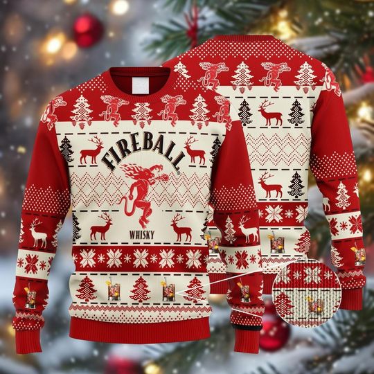 Fireball Whiskey Christmas Ugly Sweater, Christmas Drinking Shirt, Whisky Love Ugly Sweater for Men and Women, Christmas Party Gift