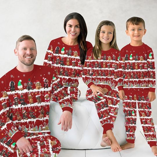 Dachshund Dog Matching Family Pajamas Set, Dachshund Santa Hat Xmas Pajamas, Dachshund Christmas Pajamas, Dog Lover Holiday Pajamas