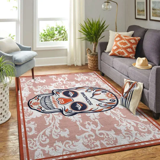 Denver Broncos Doormat Skull Flower Style Area Rug for Home Decor