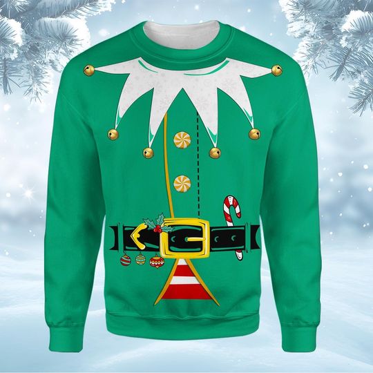Christmas Elf Sweatshirt for Men Women, Funny Elf Costume Ugly Fake Sweater, Cute Candy Cane Xmas Pullover, Christmas Gift