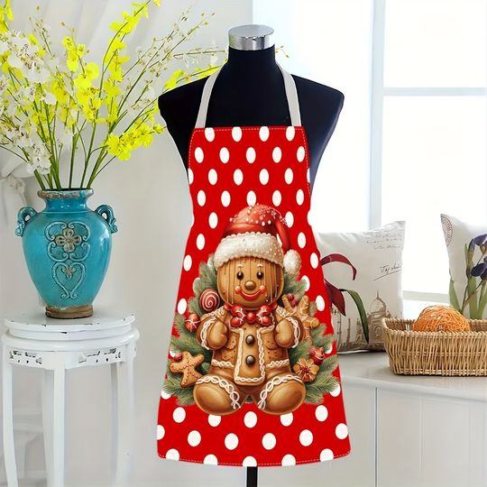 Christmas Gingerbread Man Red Polka Dot Apron - Festive Kitchen Essential! Anti-fouling apron New Year home decoration