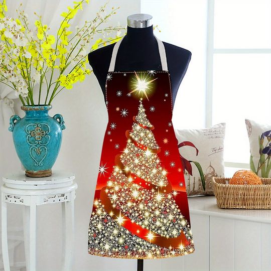 Discover Christmas Tree Embellished Red Apron: Festive and Sparkling for Your Holiday Cooking! Anti-fouling apron
