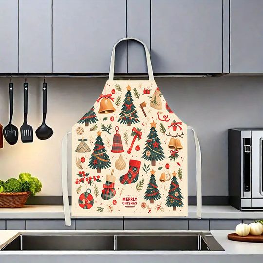 Discover Festive Christmas Kitchen Apron: Decorated with Trees, Bells, and More - MERRY CHISMAS! Anti-fouling apron