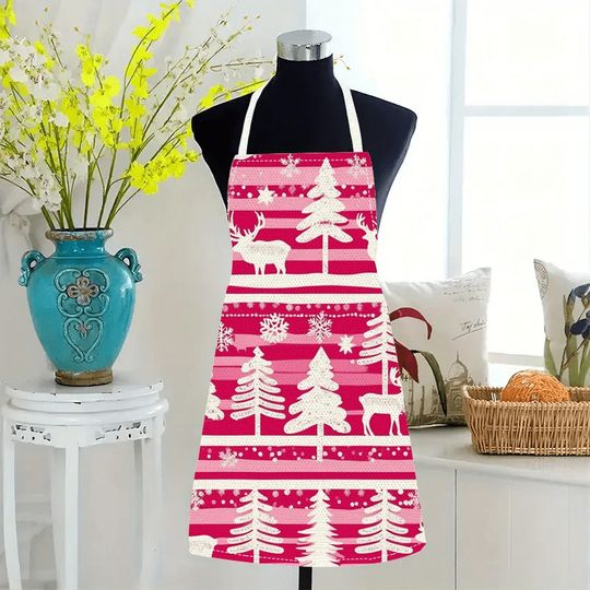 Discover Festive Pink Christmas Apron: Adorable Trees & Deer Design for Holiday Cheer! Anti-fouling apron New Year home decoration