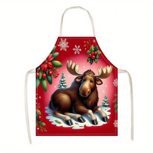 Christmas Delight: Festive Moose-Print Apron for Cheerful Cooking! Anti-fouling apron New Year home decoration