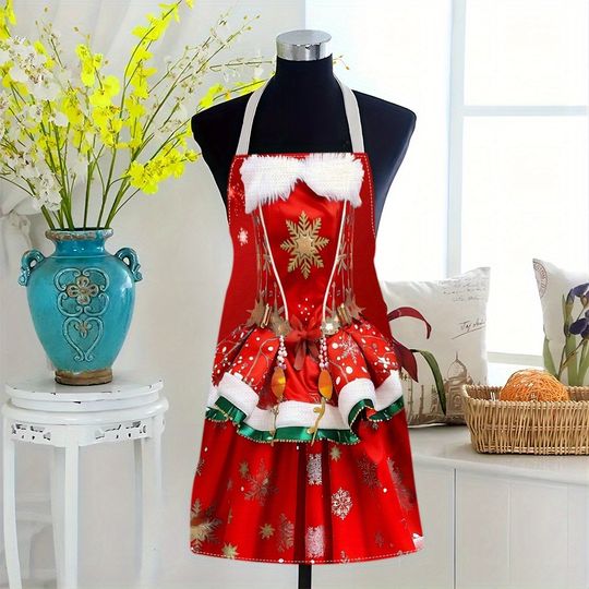 Festive Red Christmas Apron: Snowflake &  Ornament-Adorned, Perfect for Holiday Cooking! Anti-fouling apron