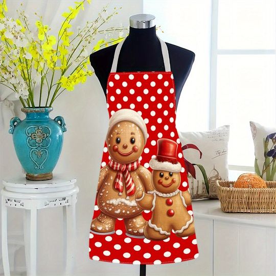 Festive Gingerbread Duo Christmas Apron: Red Polka Dots & Cheerful Designs! Anti-fouling apron New Year home decoration