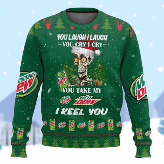 Discover Mountain Dew Sweater, Mt Dew Christmas Sweater, Soft Drink Holiday Sweater, Funny Mt Dew Ugly Sweater, Skull Drinking Soda Xmas Sweater
