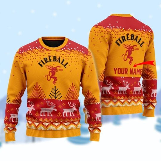 Personalized Fireball Whiskey Sweater, Alcohol Christmas Sweater, Drinking Holiday Sweater, Whiskey Lover Ugly Sweater, Unique Gift