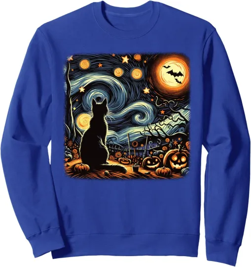 Discover Halloween Van Gogh Starry Night Black Cat Pumpkins Unisex Crewneck Sweatshirt