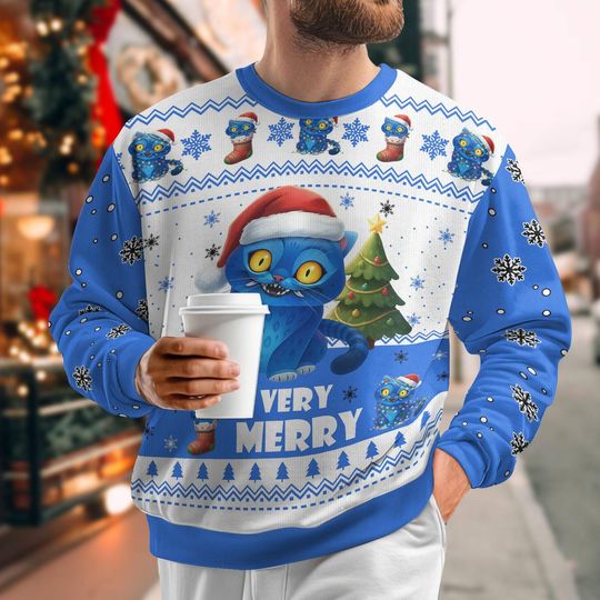 Discover Blue Tiger Cosplay Xmas Sweater, Kpop Tiger Christmas Ugly Sweater, Demon Inspired Holiday Hoodie, Kawaii Animal Xmas Pullover