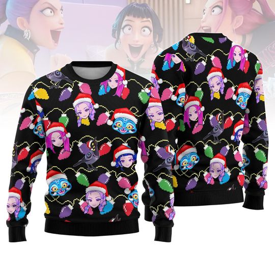 Discover Christmas Huntrlx Ugly Sweater, Demon Pet Xmas Sweater Kpop, Demon Hunter Sweatshirt, Christmas String Lights Sweater, Xmas Holiday Sweater