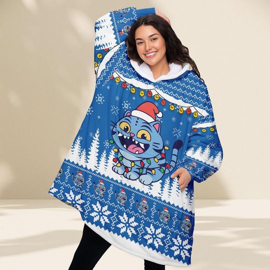 Discover Blue Tiger Hoodie Blanket, Festive Wearable Blanket, Warm Sherpa Oversized Hoodie, Funny Holiday Gift for Tiger Lovers, Tiger Cosplay