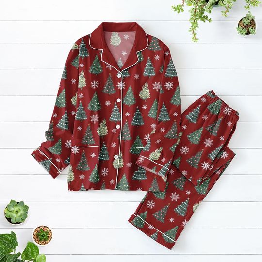 Discover Christmas Tree Pajamas Set, Snowflake Xmas Women Pajamas, Xmas Pine Tree Holiday Pajamas, Red Xmas Party Loungewear, Xmas Gifts idea