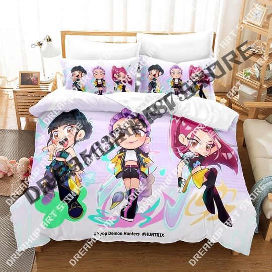 3D Print Kpop Demon Hunters Huntrix Anime Bedding Set, Rumi Zoey Mira Bedding Set For Girl