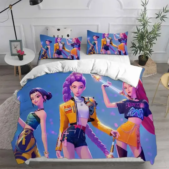 Kpop Demon Hunters Huntrix Anime Bedding Set, Rumi Zoey Mira Bedding Set For Girl