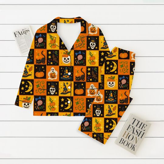 Halloween Patchwork Pajamas Set, Spooky Pumpkin Ghost Witch Candy Sleepwear, Cozy Season Loungewear