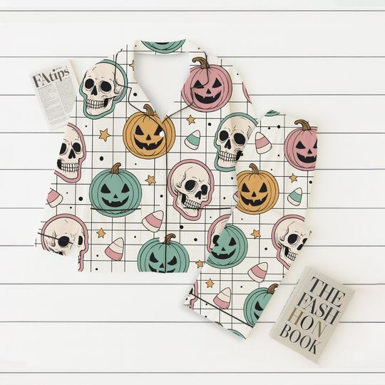 Halloween Pumpkin Pajamas Set, Horror Skull Shirt, October Holiday Merch, Spooky Season Gift