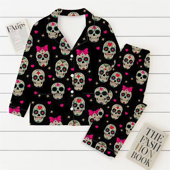 Gothic Skull Halloween Pajamas Set, Mexican Skull Sleepwear, Cute Holiday Pajamas, Spooky Season Gift