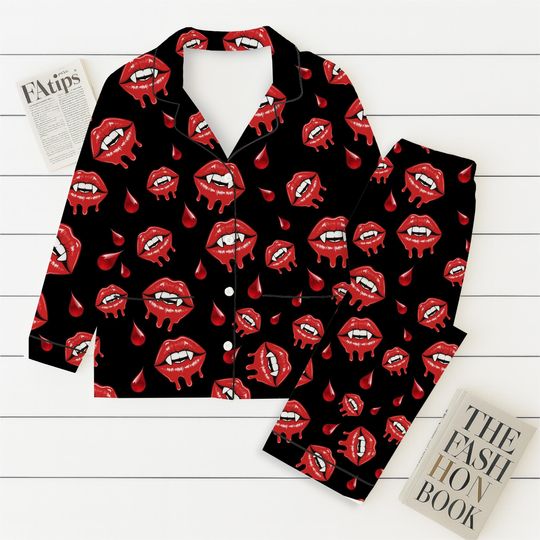 Vampire Lips Halloween Pajamas Set, Bloody Red Mouth Sleepwear, Gothic Halloween Loungewear, Spooky Holiday Nightwear