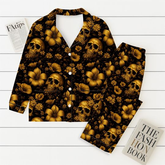 Gold Skull Floral Halloween Pajamas Set, Gothic Sleepwear With Flowers, Dark Aesthetic Loungewear, Spooky Season Gift