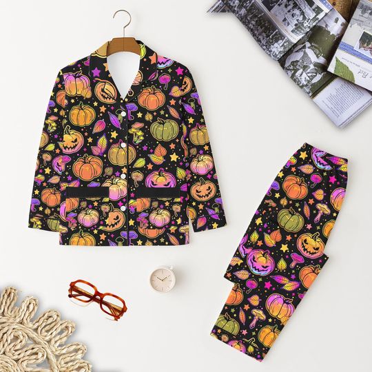 Halloween Neon Pattern Pajama Set, Colorful Halloween Sleepwear, Fall Pumpkin Shirt, Autumn Nightwear, Spooky Season Gift