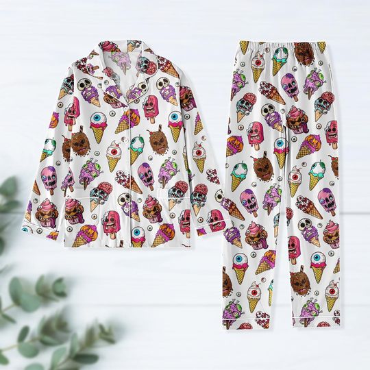 Halloween Skull Ice Cream Thick PJs, Halloween Party PJs, Creepy Cute Lounge Set, Long Sleeve & Long Pants Sleepwear, Gift for Her