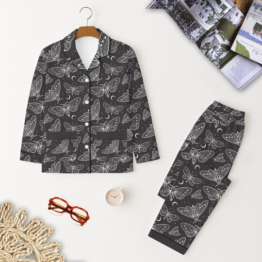 Black Moth Halloween Pajama Set, Gothic Butterfly Sleepwear, Moon And Star Pattern, Holiday Nightwear, Cozy Fall Loungewear