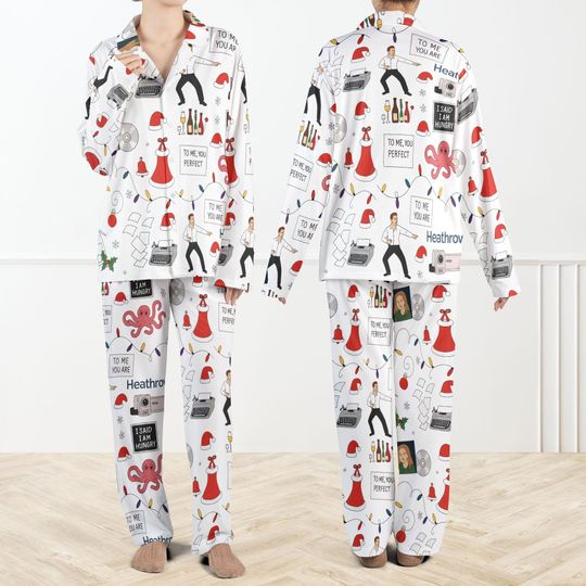 Christmas Love Actually Silky Satin Pajama Set For Women, Christmas Movie Sleepwear, Romantic Comedy PJs for Women & Men, Holiday Gift Set