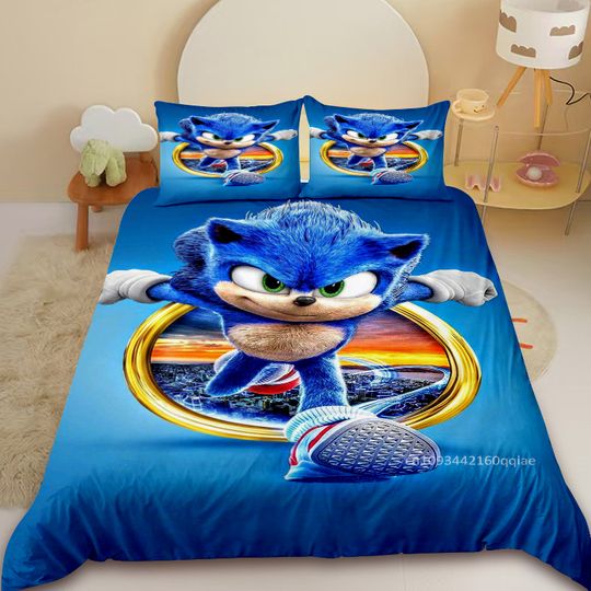 Sonic 3pcs Teens Duvet Cover Cool Anime Bedding Set