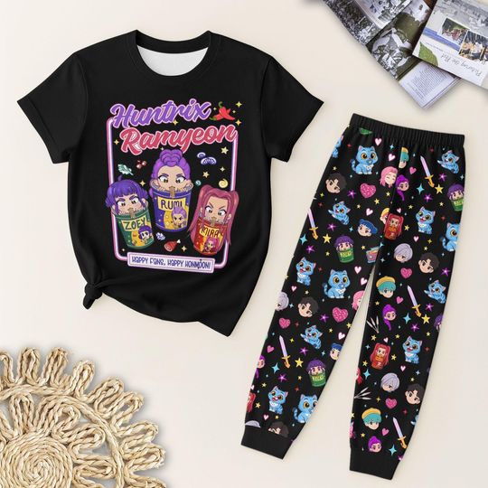 Huntrix Ramyeon T-Shirt and Pants Pajamas, Kpop Demon Hunter Shirt, Gift for Fans, Korean Noodle Tee, Anime Girls Group Merch