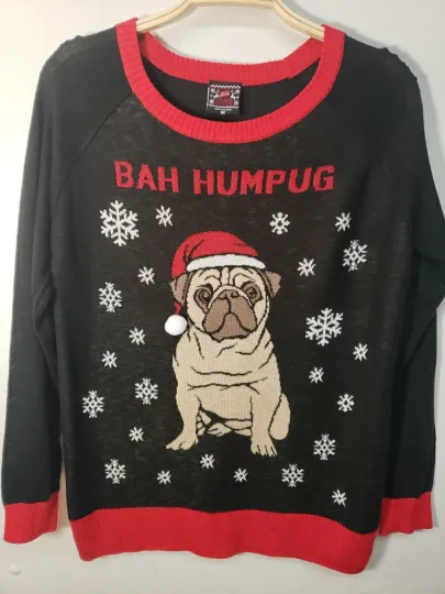 Well Worn Lightweight Pug Bahumpug Ugly Christmas Holiday Pullover Sweater M