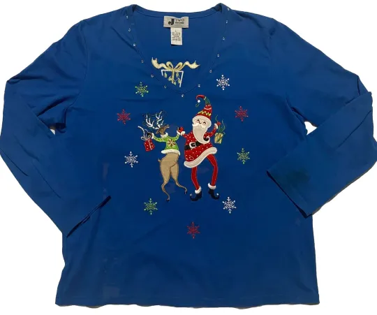 Discover Dancing Santa & Reindeer Christmas Party Shirt Embellished Beaded L Ugly Sweater