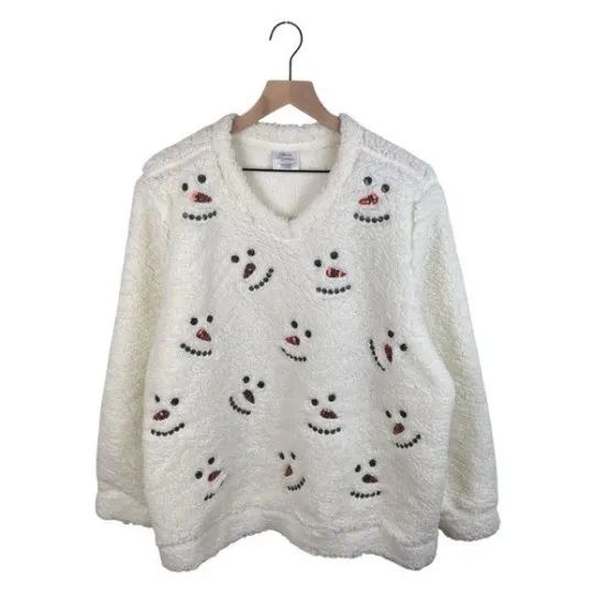 Fashion by Mirabeau Women's White Snowman Sequin Sherpa Pullover Sweater Medium