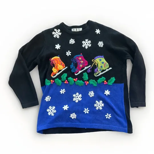 VTG 90s OHI Christmas Sweater XL Black Skating Snow Holly Novelty Ugly Kitsch