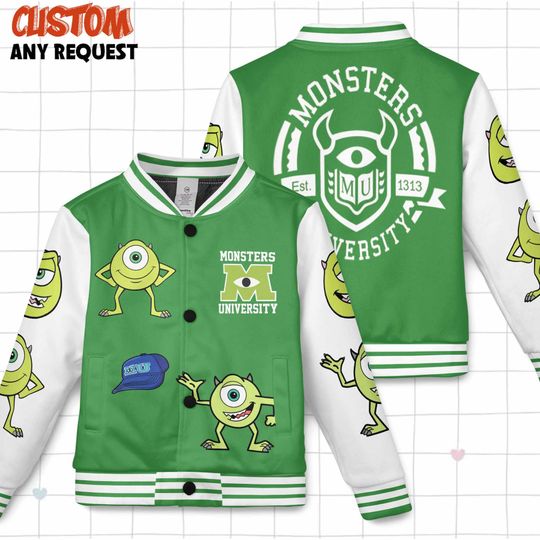 Mike Wazowski Monsters University Kids and Youth Baseball Jacket, Aldult Unisex Varsity Baseball Jacket