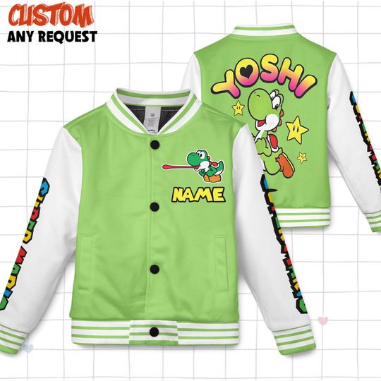 Personalized Yoshi Mario Baseball Jacket, Yoshi Luigi Peach Shirt,Mario Family Group Jacket, Christmas Mario Birthday Jacket
