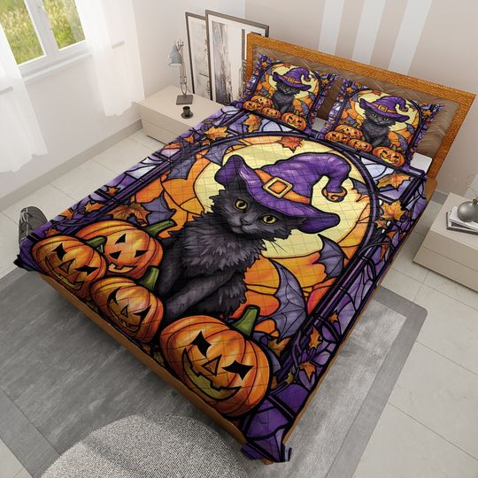 Black Cat Witch Halloween Quilt Bedding Set: Spooky Season Decor