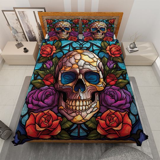 Sugar Skull Halloween Quilt Bedding Set: Retro Roses Spooky Decor