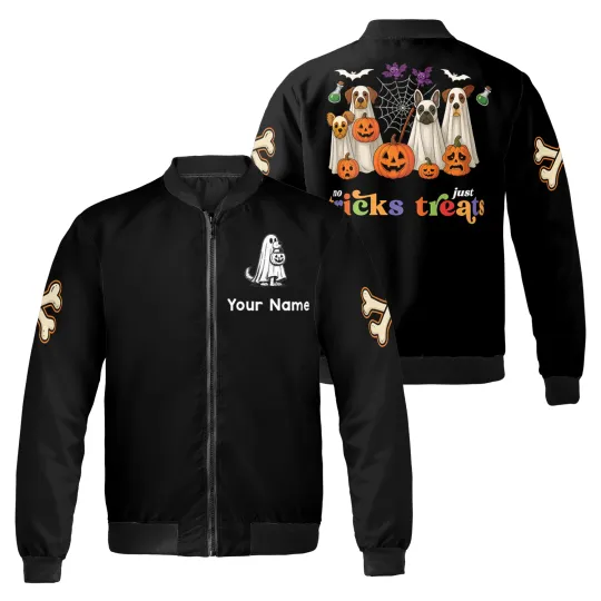 Discover Personalized No Tricks Just Treats Ghost Dogs Halloween Bomber Jacket
