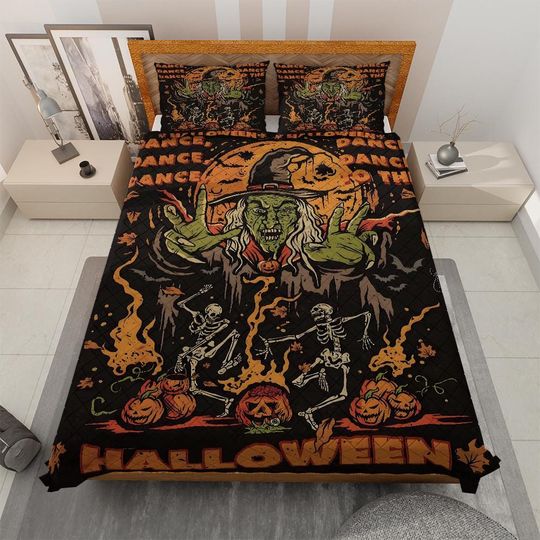 Discover Witch & Dancing Skull Quilt Bedding Set: Halloween Cottagecore Decor