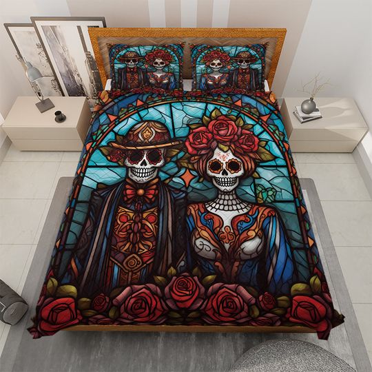Discover Vintage Floral Couple Skull Halloween Quilt Bedding Set, Retro Mexican Skull Wedding Quilt Blanket, Wedding Gifts, Day of the Dead Blanket