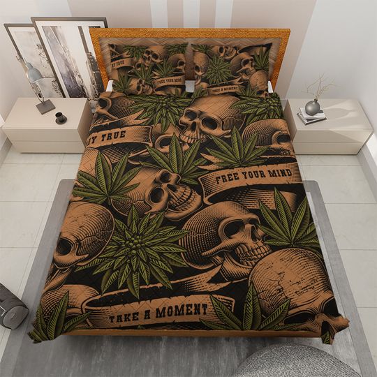 Vintage Cannabis Leaves Skull Quilt Bedding Set, Sugar Skull Halloween Quilt Blanket